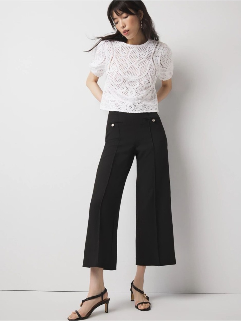 White House Black Market Puff Sleeve Novelty Crochet Cropped Top Blouse Medium - Picture 2 of 16